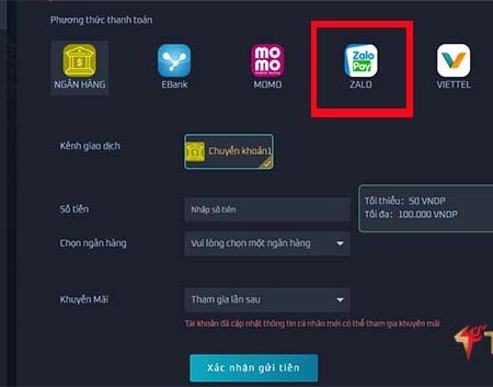 Hướng dẫn cách gửi tiền vào TF88 bằng Zalo Pay